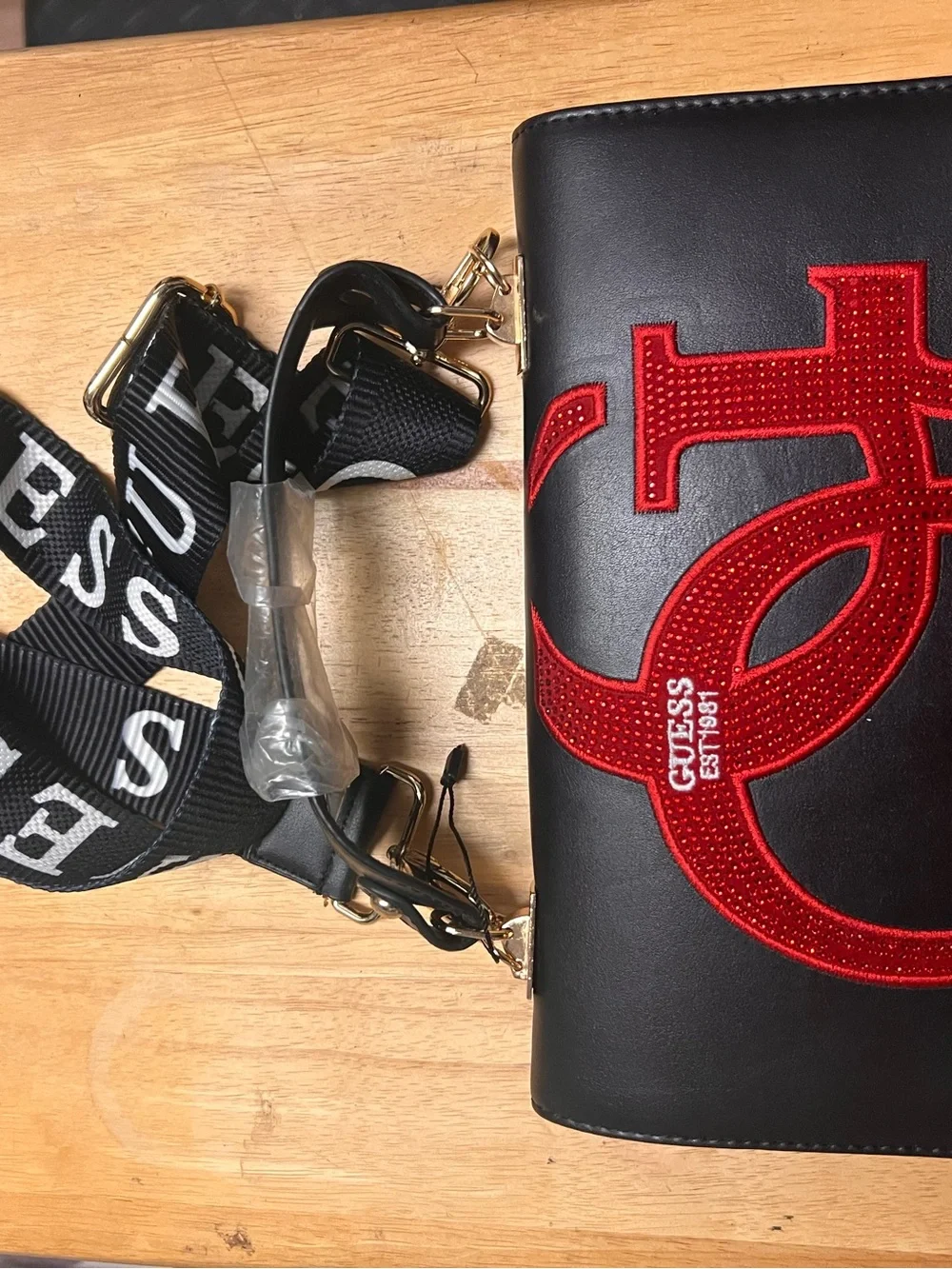 Guess Black Shoulder Laptop shape Bag with Red Logo and Branded Strap